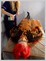  Shiny skin-tight outfit, chrome heeled thigh boots, and lots and lots of beans! featuring Miss Pink, village barmaid 