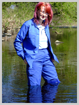  Miss Pink drenches a workwear outfit in the river featuring Miss Pink, village barmaid 